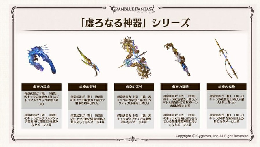 グランブルーファンタジーでは新たな武器シリーズ 虚ろなる神器 が登場 槍には渾身に似た効果も 思わずwow ワウゲームニュース